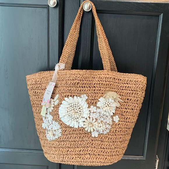 Made in India Handbags - Raffia Bag Beaded Floral NWT